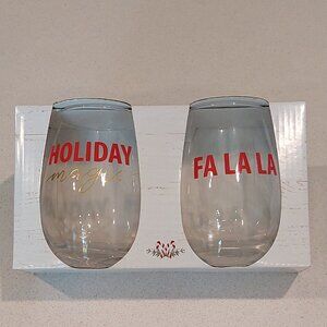 New Holiday Cheer Set of 2 Stemless 18oz Holiday Wind Glasses